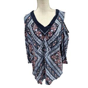 Style & Co XL Crochet Trim Cold-Shoulder Top Floral & Paisley Print Multicolor